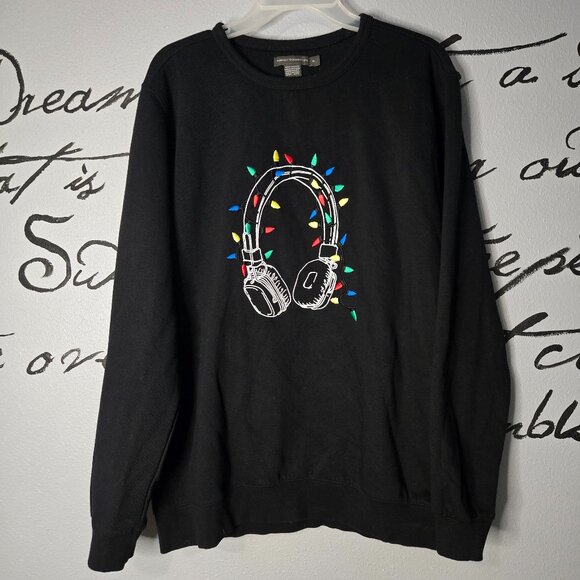 French Connection Holiday Sweatshirt Headphone with Christmas Lights Graphic, XL - Picture 1 of 4
